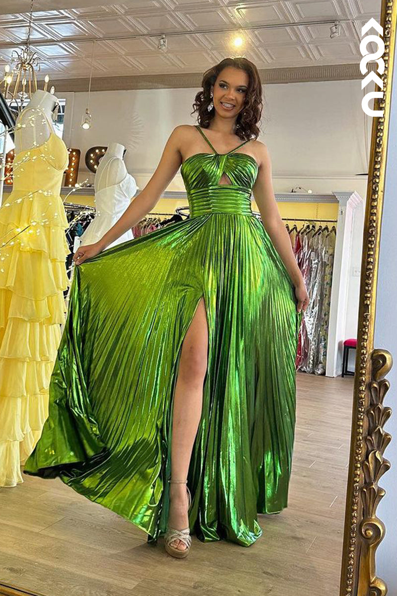 L2385 - Chic & Charming Halter Sleeveless Slit A-Line Party Prom Dress
