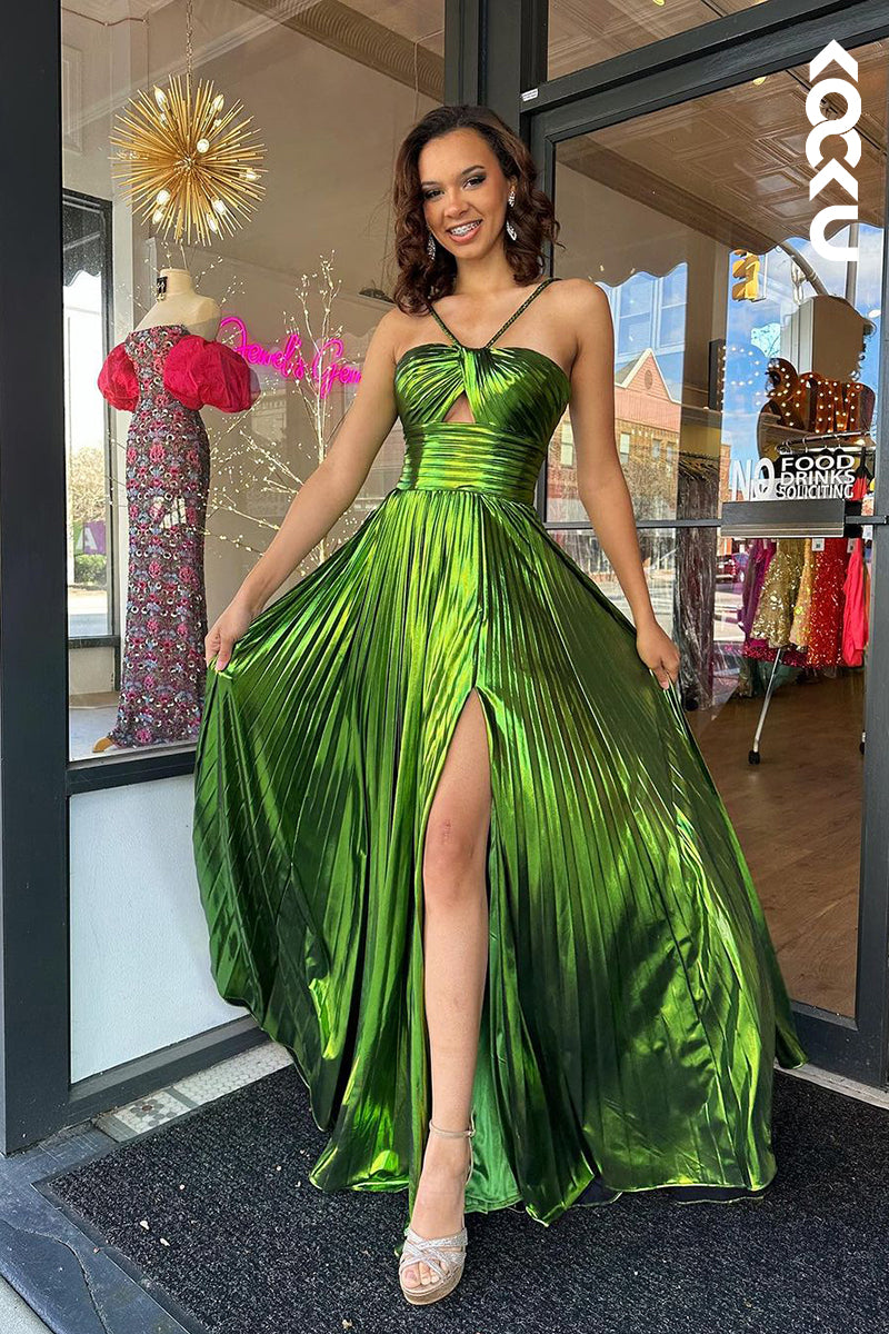 L2385 - Chic & Charming Halter Sleeveless Slit A-Line Party Prom Dress