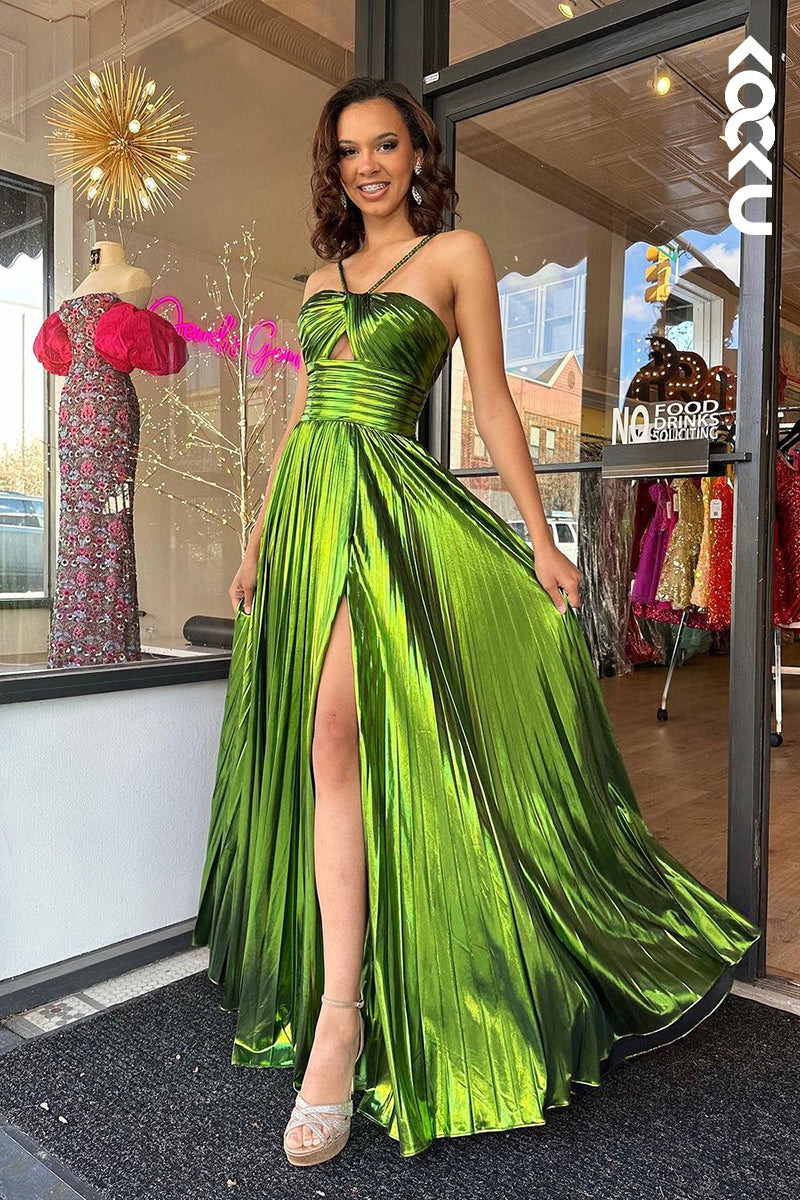 L2385 - Chic & Charming Halter Sleeveless Slit A-Line Party Prom Dress