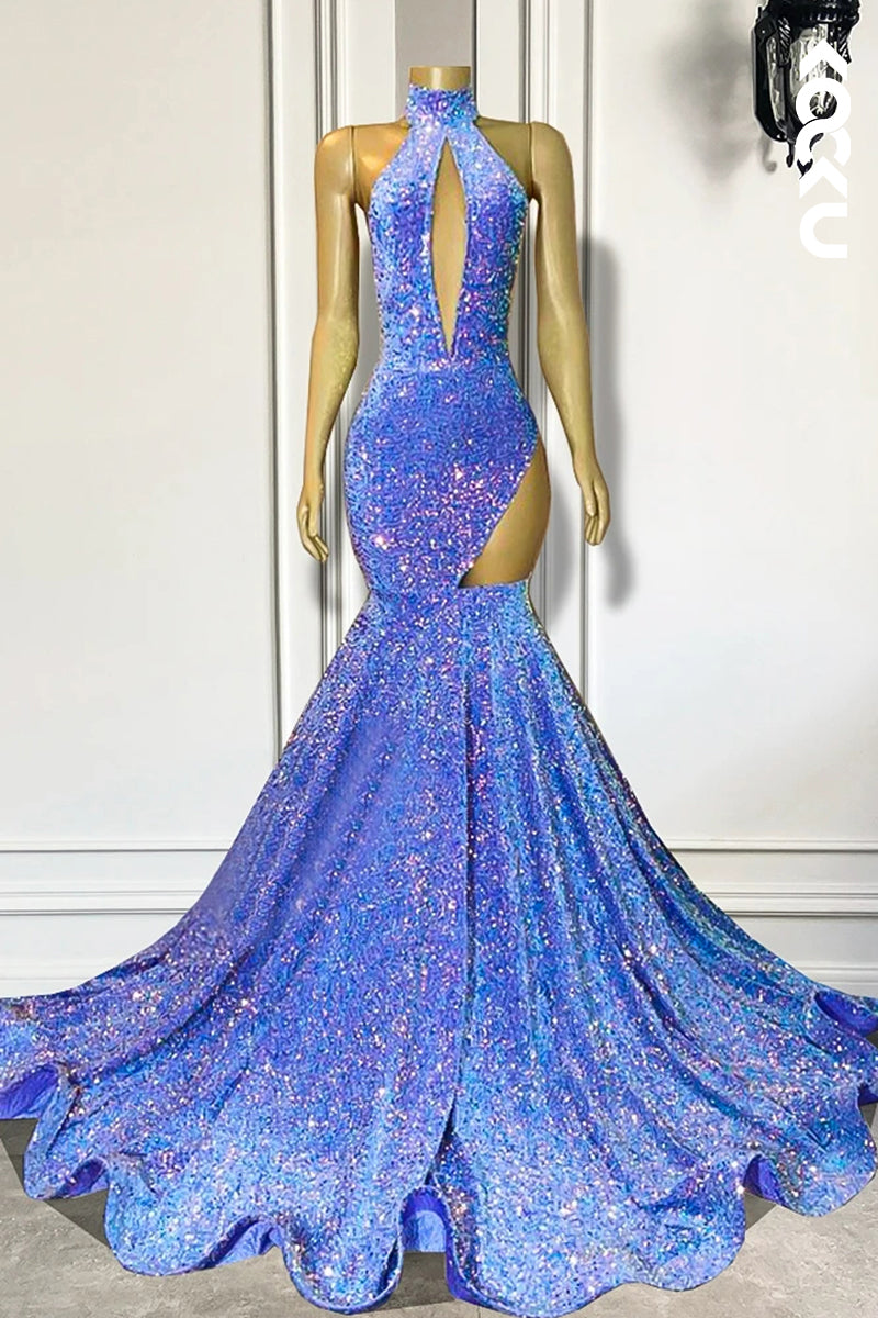 L2822 - Glamorous & Dramatic High Neck Sleeveless Ruffles Mermaid Sleeveless Prom Dress