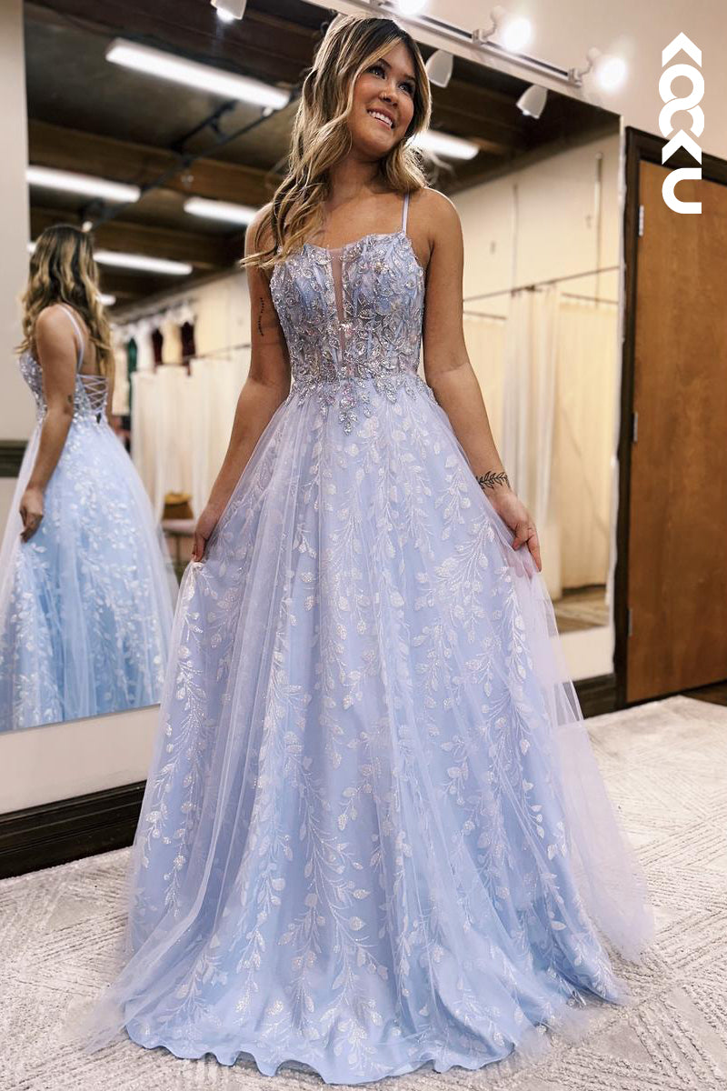 L2409 - Charming Spaghetti Straps Long A- Line Appliques Party Prom Dress