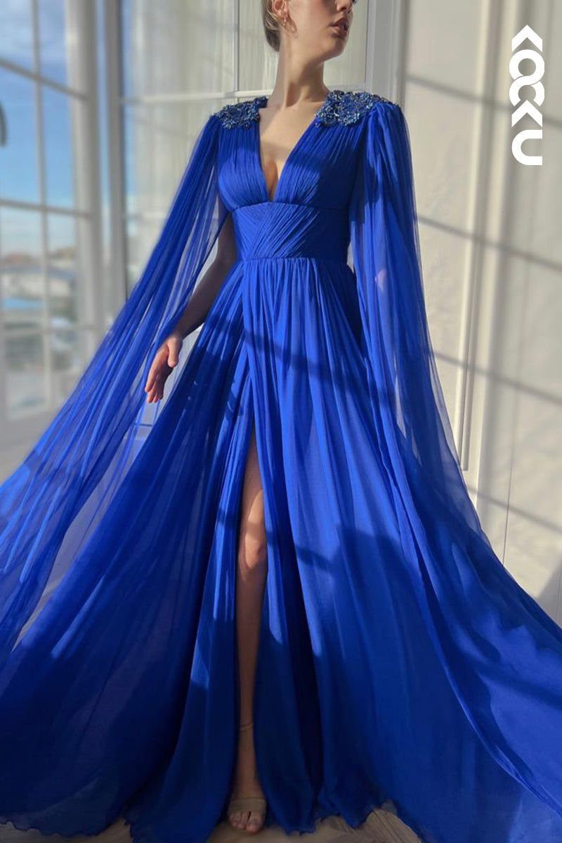 L2428 - Elegant & Luxurious V-neck A-line Ruched Side Slit Formal Prom Dress With Embroidered