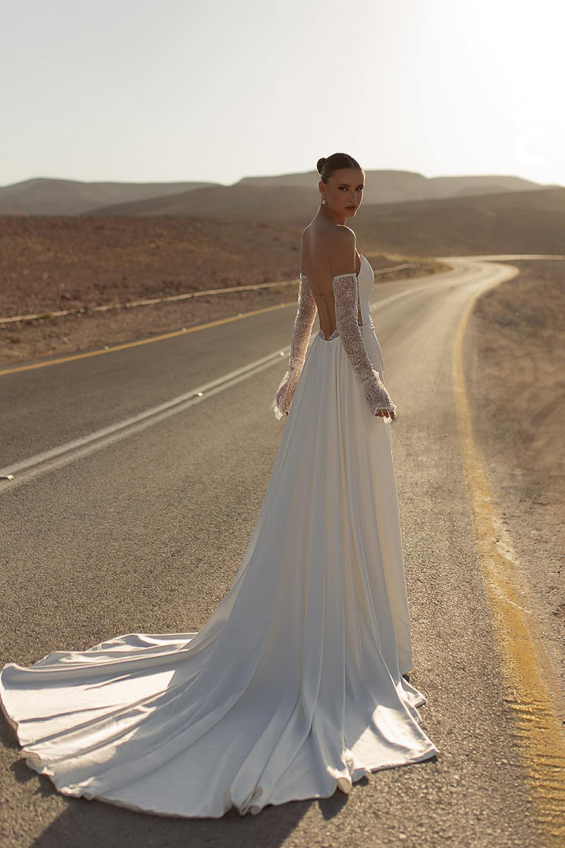 K2013 - Elegant & Charming Lace Applique Sleeves Backless Mermaid Off-Shoulder Wedding Dress