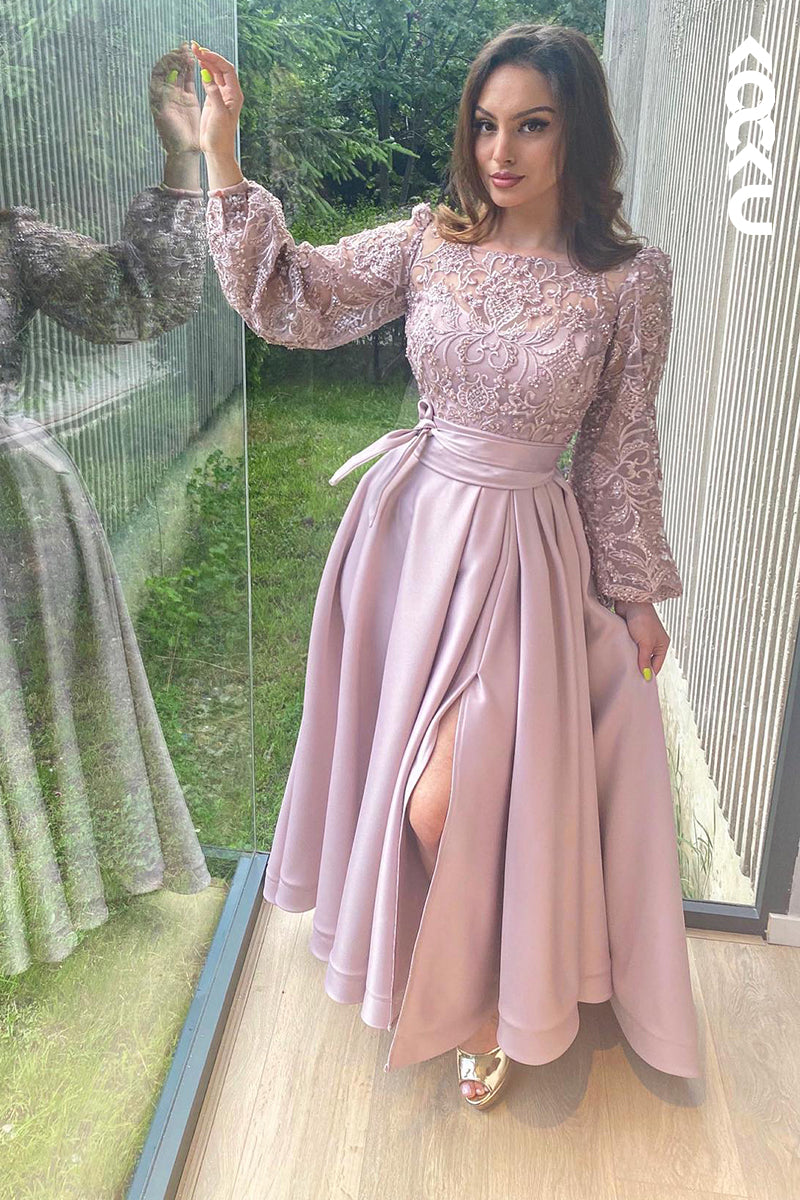 L2916 - Elegant & Luxurious Long Sleeves A-line Side Slit Applique Party Prom Dress