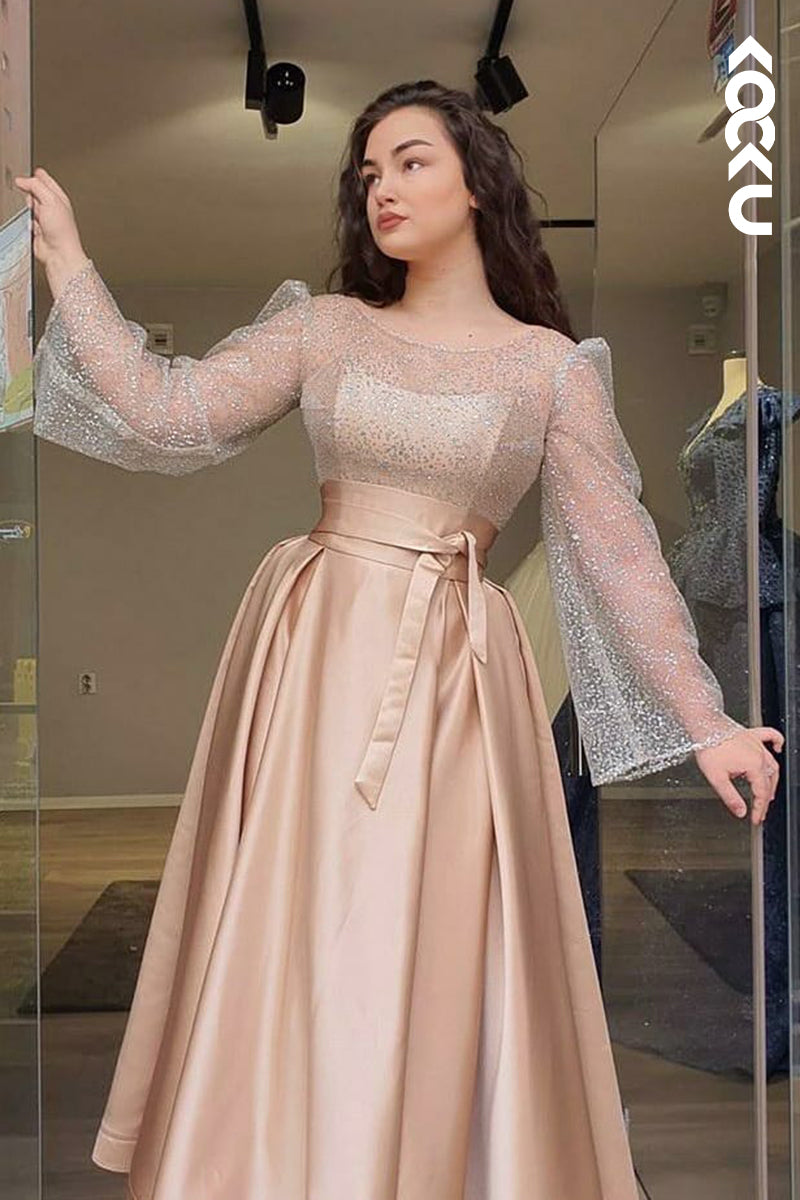 L2918 - Gorgeous & Charming Long Sprkly Sleeves A-line Formal Party Prom Dress