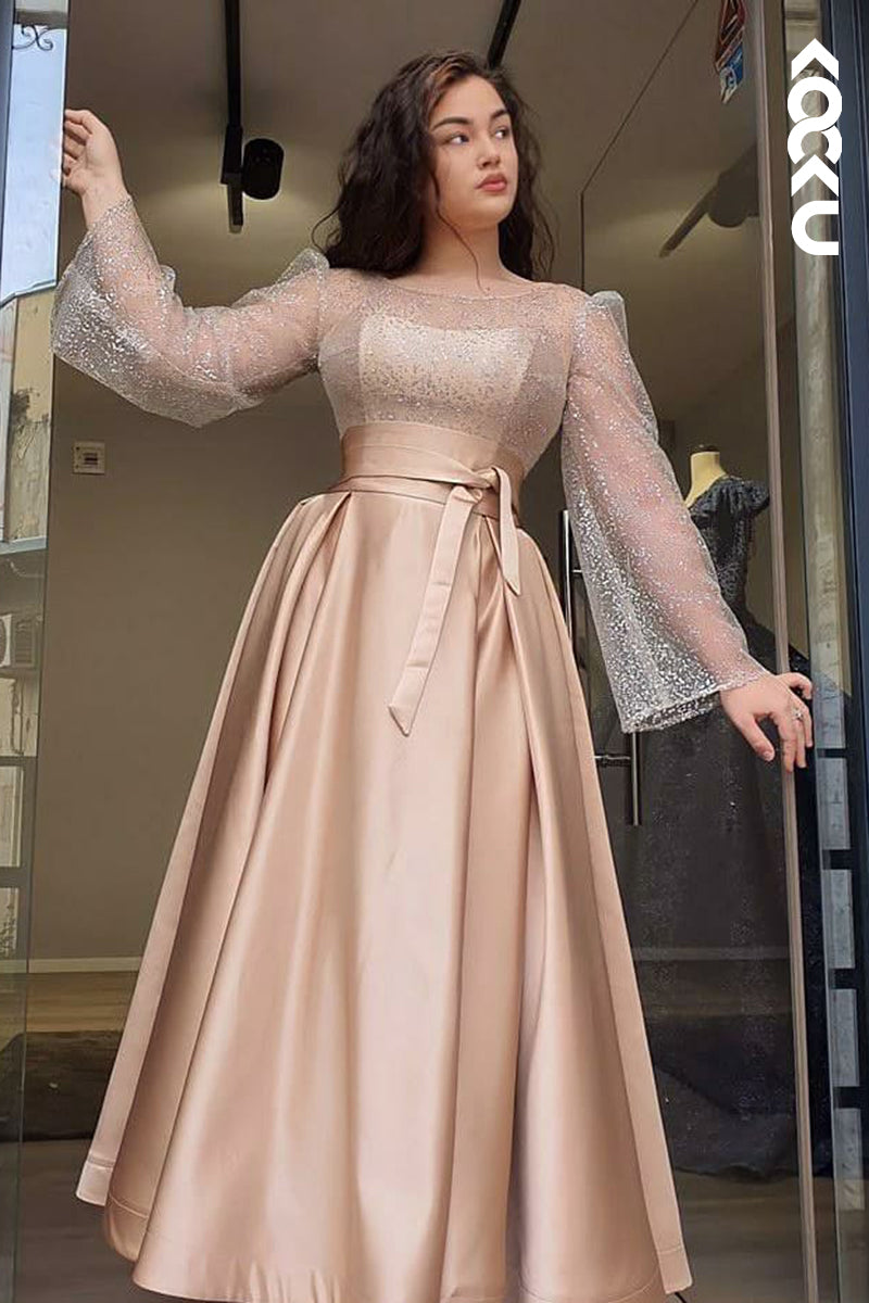 L2918 - Gorgeous & Charming Long Sprkly Sleeves A-line Formal Party Prom Dress