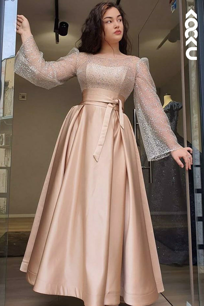 L2918 - Gorgeous & Charming Long Sprkly Sleeves A-line Formal Party Prom Dress