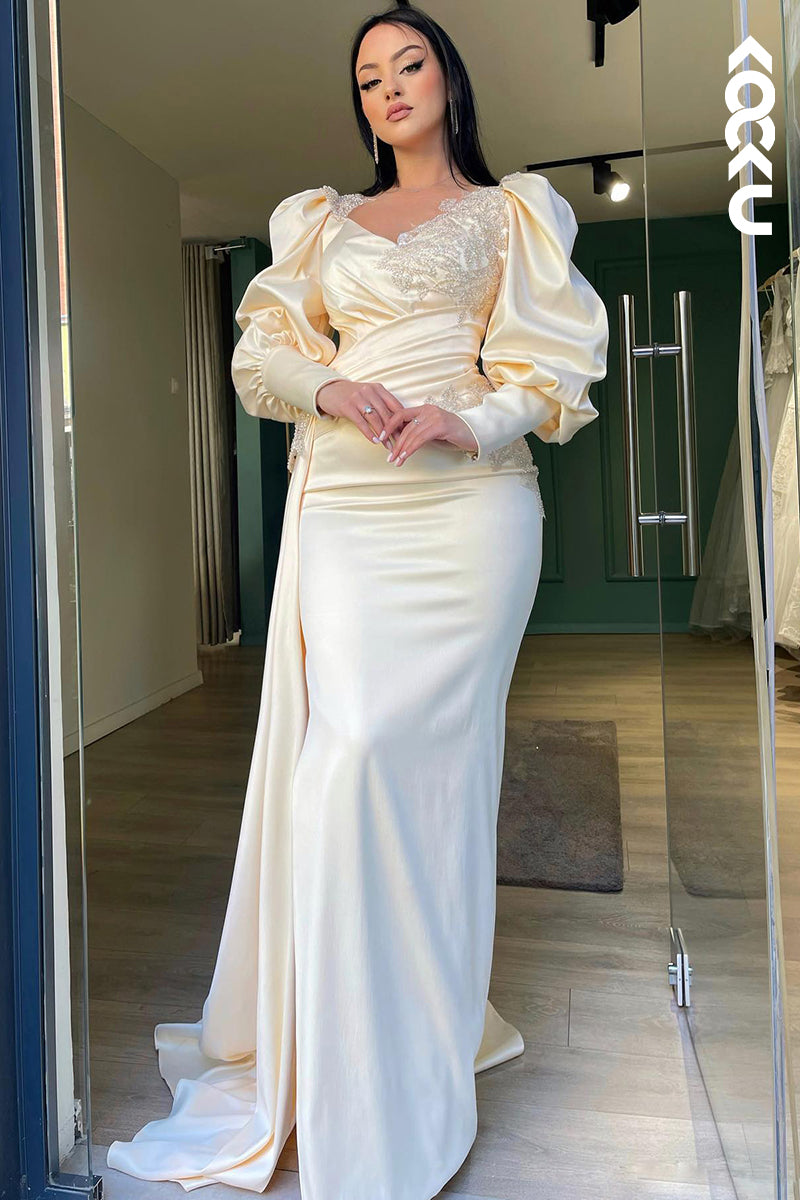L2910 - Couture & Ornate Long Sleeves V-Neck Sheath Side Slit Formal Prom Dress