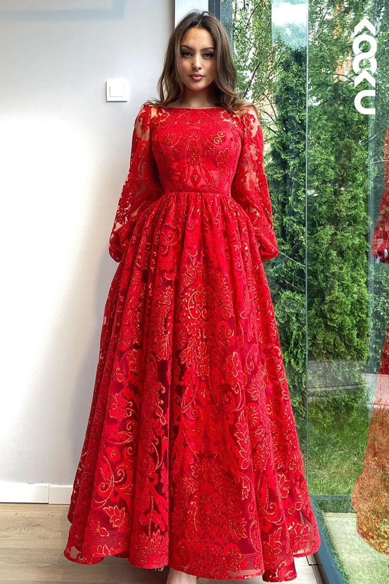 L2917 - Couture & Ornate A-Line Long Sleeves Printed Formal Party Prom Dress