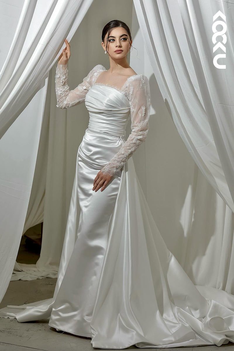 K2077 - Glamorous & Dramatic Square Long Lace Sleeves Satin Mermaid Wedding Dress