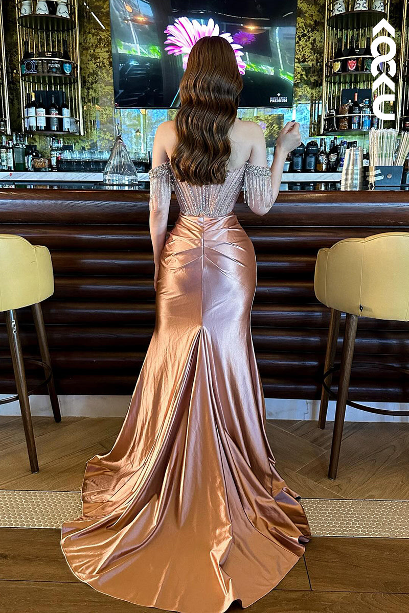 L3004 - Gorgeous & Charming Off-Shoudler Sleeveless Rhinestones Ruched Mermaid Prom Dress