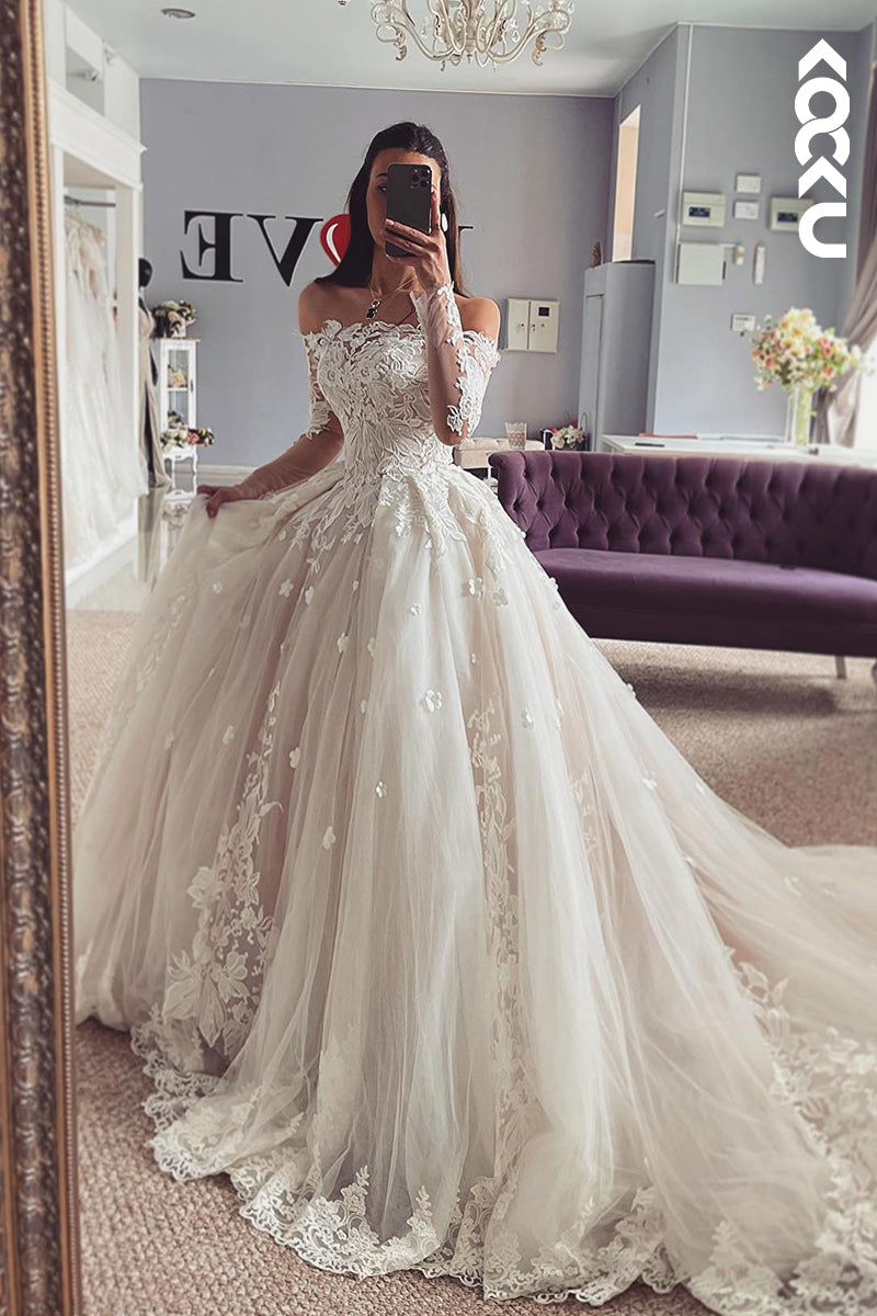 K1881 - Gorgeous & Charming Ball Gown Off-Shoulder Long Lace Sleeves Tulle Wedding Dress With Applique