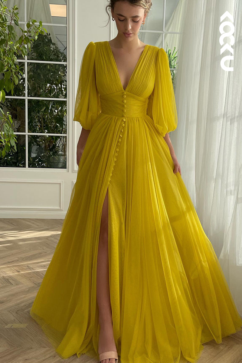 L2834 - Classic & Timeless V-neck Long Sleeves A-line Slide Slit Tulee Formal Prom Dress