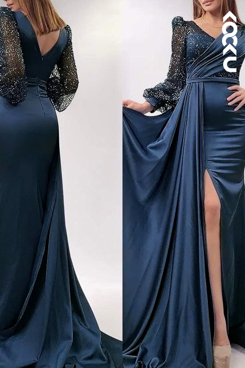 L3057 - Classic & Timeless Slit Long Sleeves V-Neck Evening Party Prom Dress