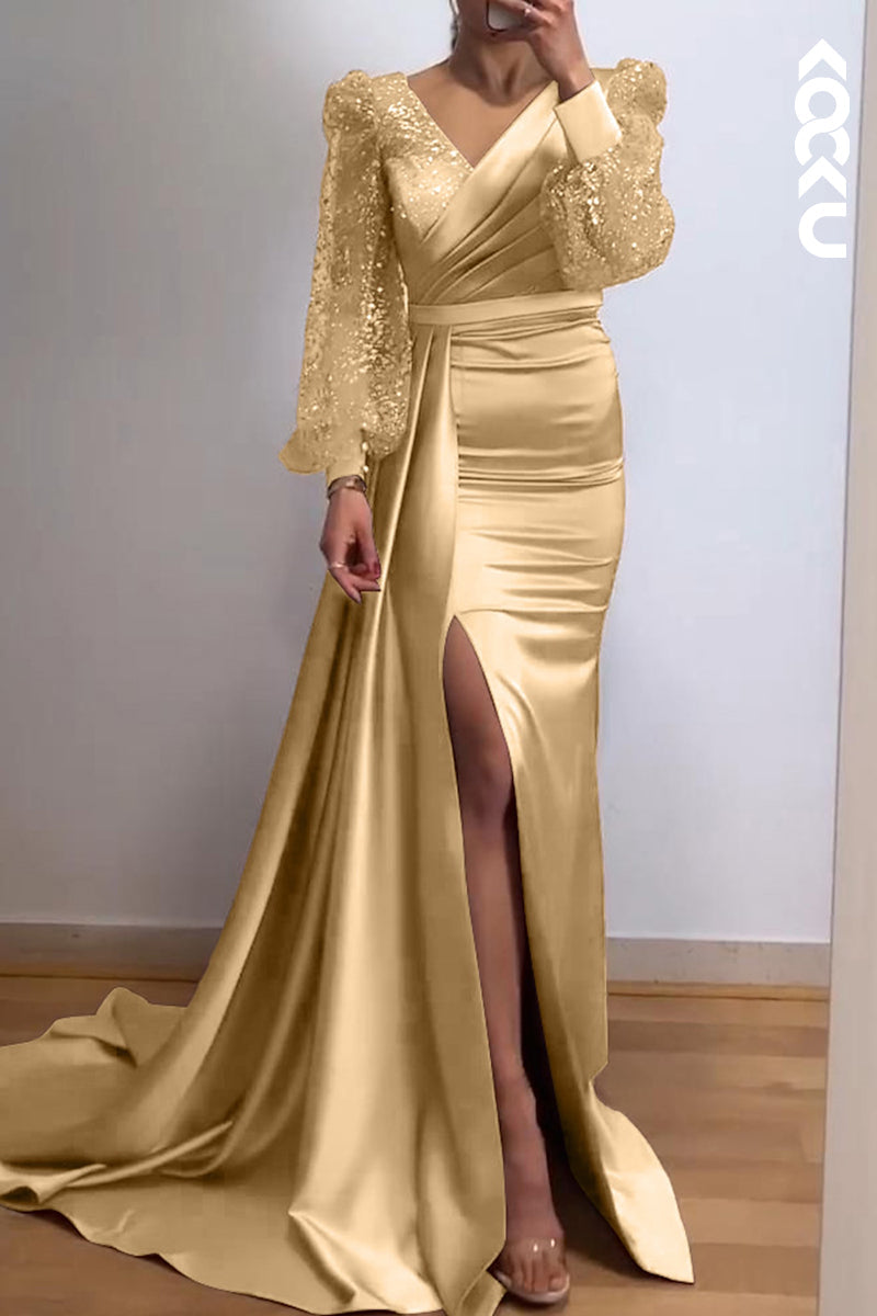 L3057 - Classic & Timeless Slit Long Sleeves V-Neck Evening Party Prom Dress