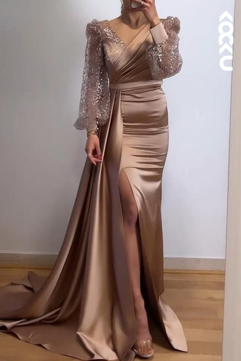 L3057 - Classic & Timeless Slit Long Sleeves V-Neck Evening Party Prom Dress