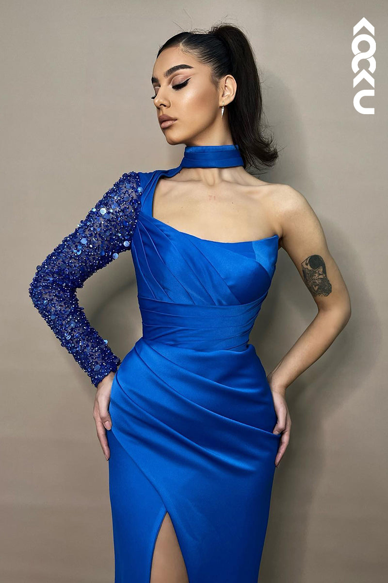 L2947 - Couture & Ornate High Neck One Long Sleeve Side Slit Evening Party Prom Dress
