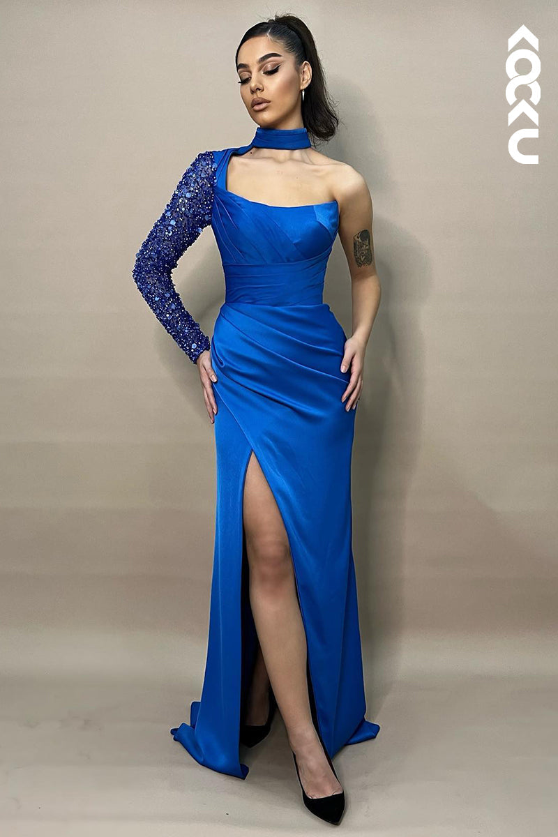 L2947 - Couture & Ornate High Neck One Long Sleeve Side Slit Evening Party Prom Dress