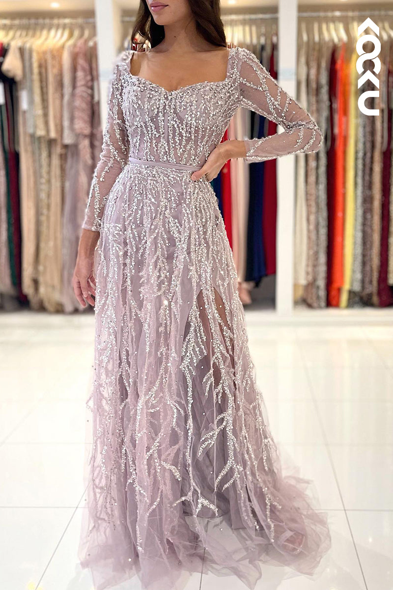 L2462 - Glamorous & Dramatic Square Long Sleeves Sparkly Mermaid Formal Party Prom Dress With FeathersDetachable