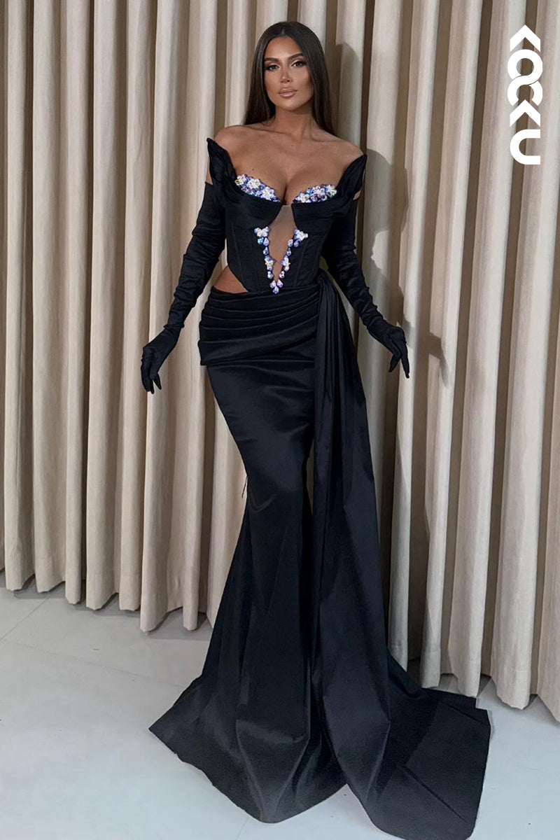 L2904 - Couture & Ornate Long Sleeves Mermaid Off-Shoulder Sexy Evening Party Prom Dress