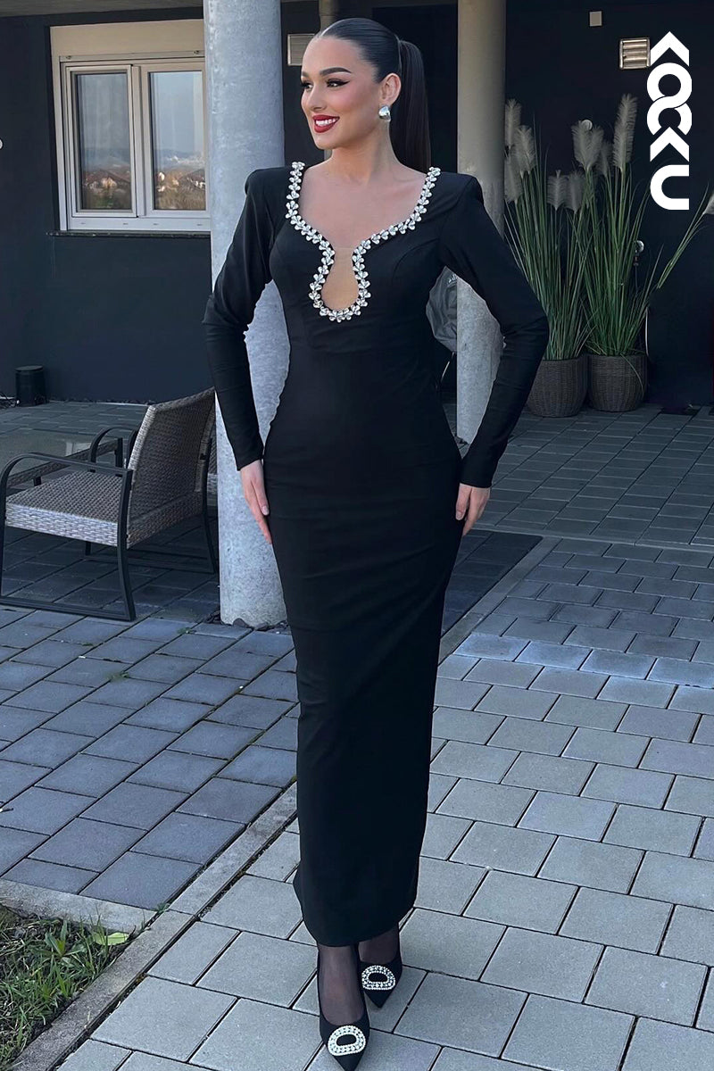 L2936 - Elegant & Luxurious Rhinestone Long Sleeves V-neck Sheath Evening Prom Dress