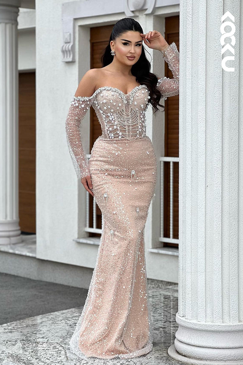 L3002 - Glamorous & Dramatic Trumpet/Mermaid Off-Shoudler Long Sleeves Beaded Prom Dress