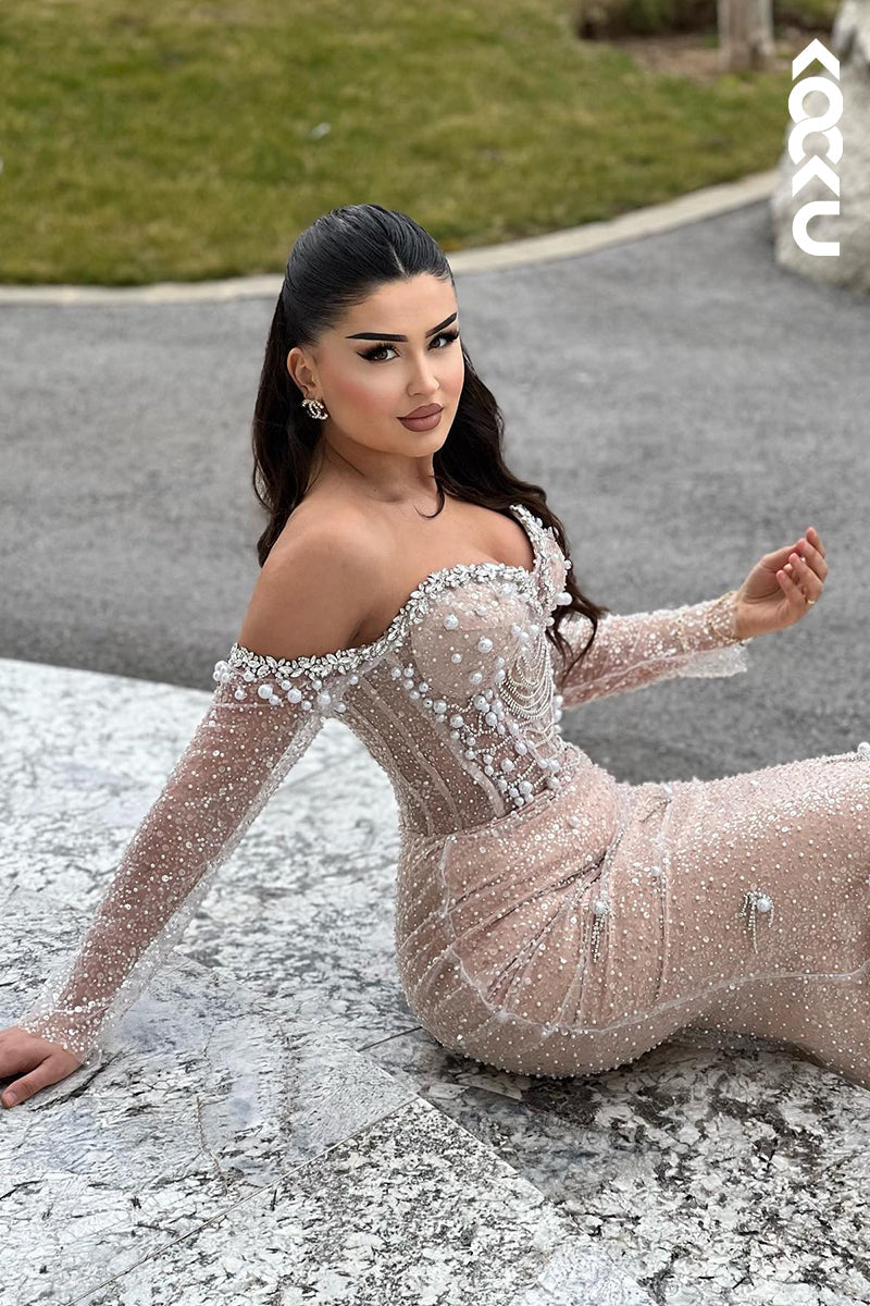 L3002 - Glamorous & Dramatic Trumpet/Mermaid Off-Shoudler Long Sleeves Beaded Prom Dress