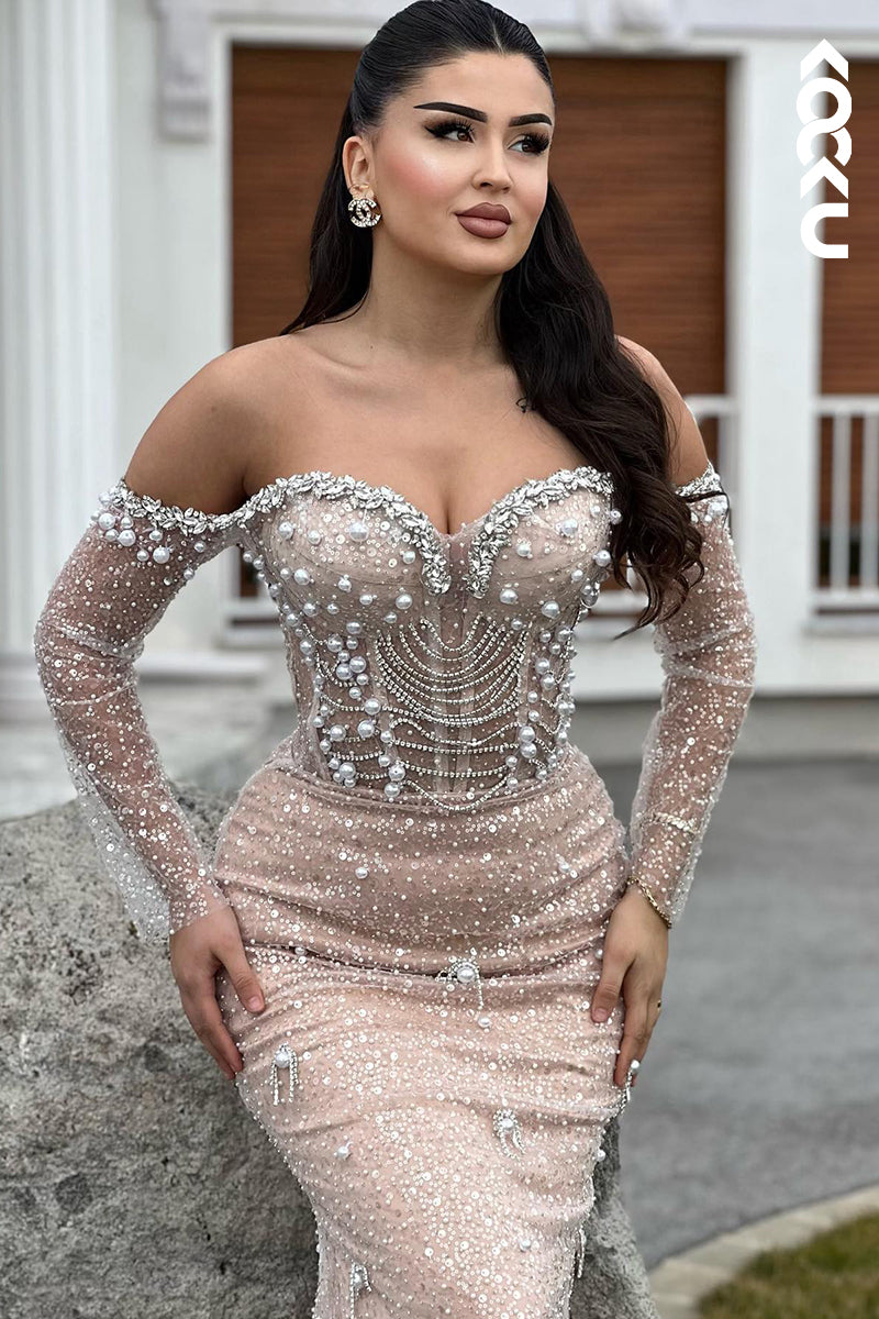 L3002 - Glamorous & Dramatic Trumpet/Mermaid Off-Shoudler Long Sleeves Beaded Prom Dress