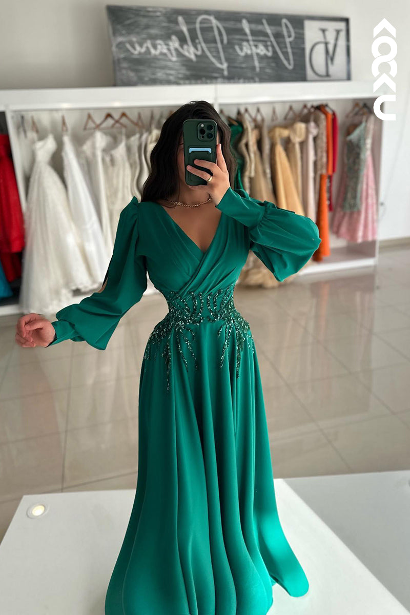 L2430 - Classic & Timeless V-Neck Long Sleeves A-line Formal Party Prom Dress With Sequined
