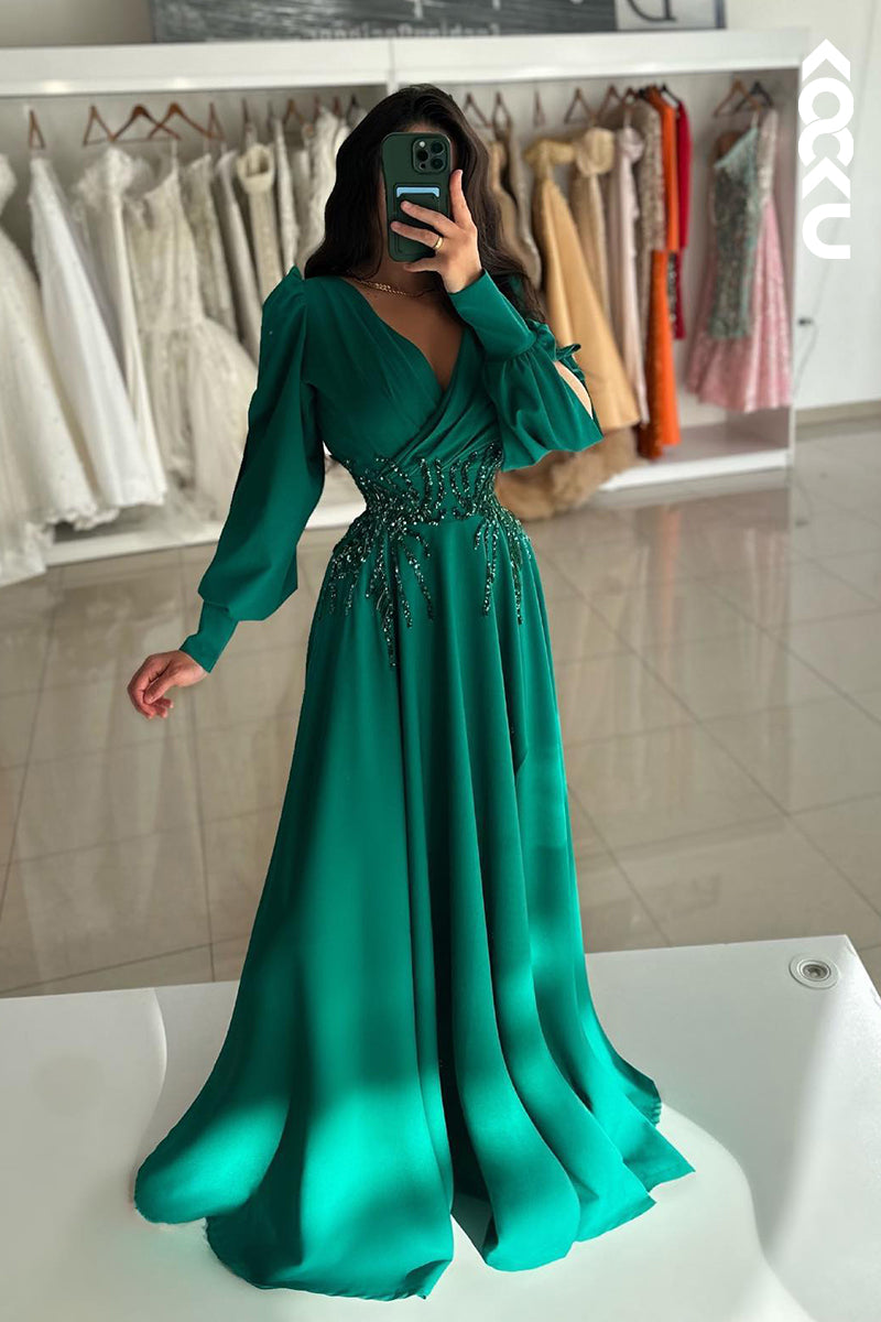 L2430 - Classic & Timeless V-Neck Long Sleeves A-line Formal Party Prom Dress With Sequined