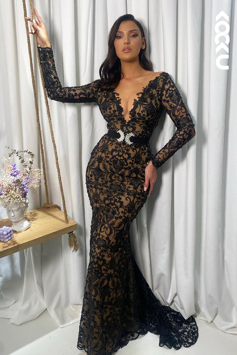 L2902 - Sexy & Hot Deep V-Neck Long Sleeves Allover Lace Applique Mermaid Evening Prom Dress