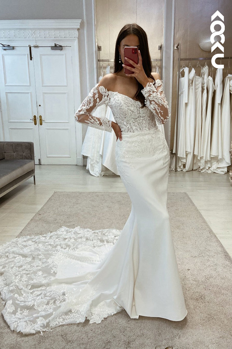 K2002 - Gorgeous & Charming V-neck Long Sleeves Mermaid Wedding Dress With Applique