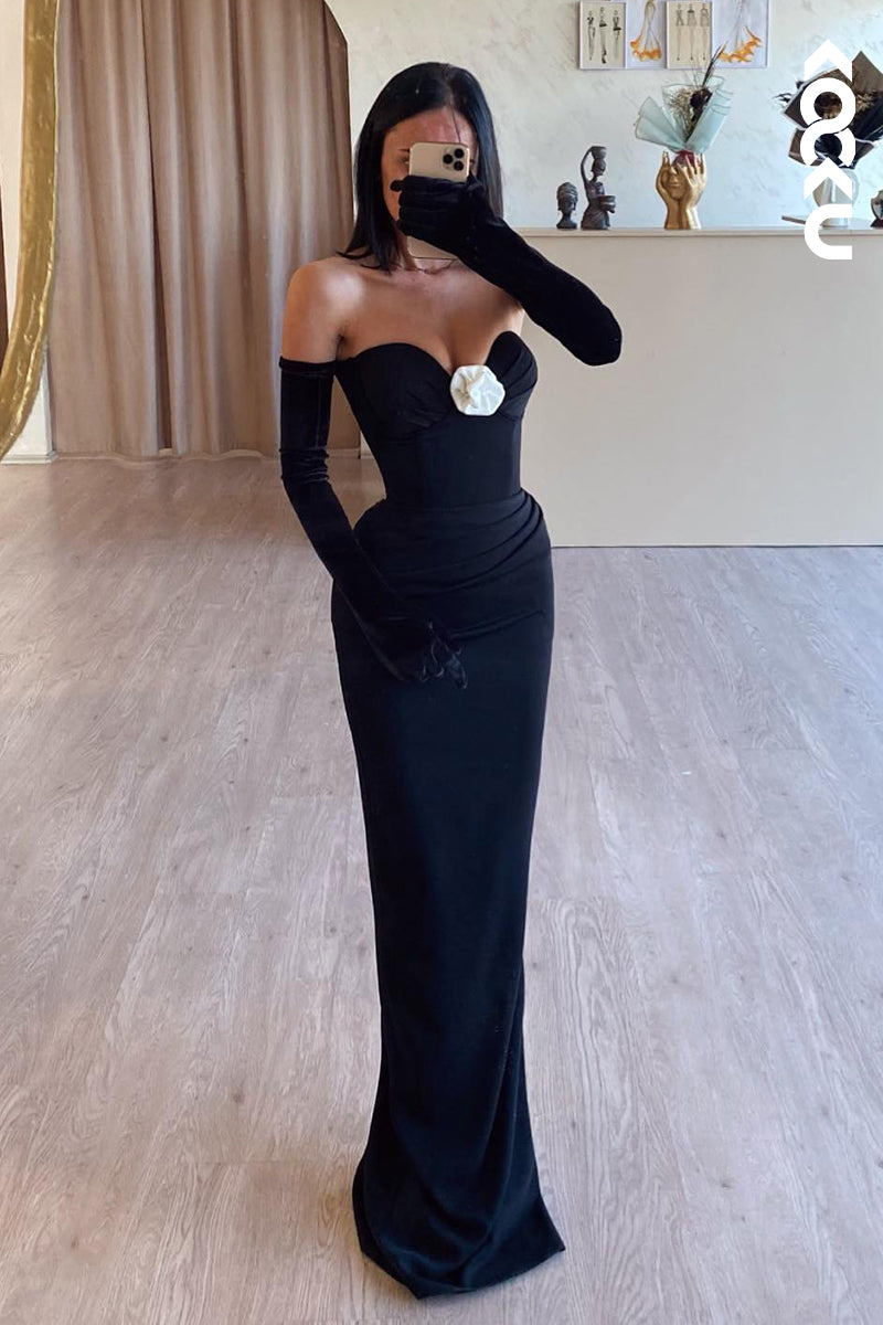 L2634 - Simple & Casual Sweetheart Strapless Sheath Balck Evening Party Prom Dress