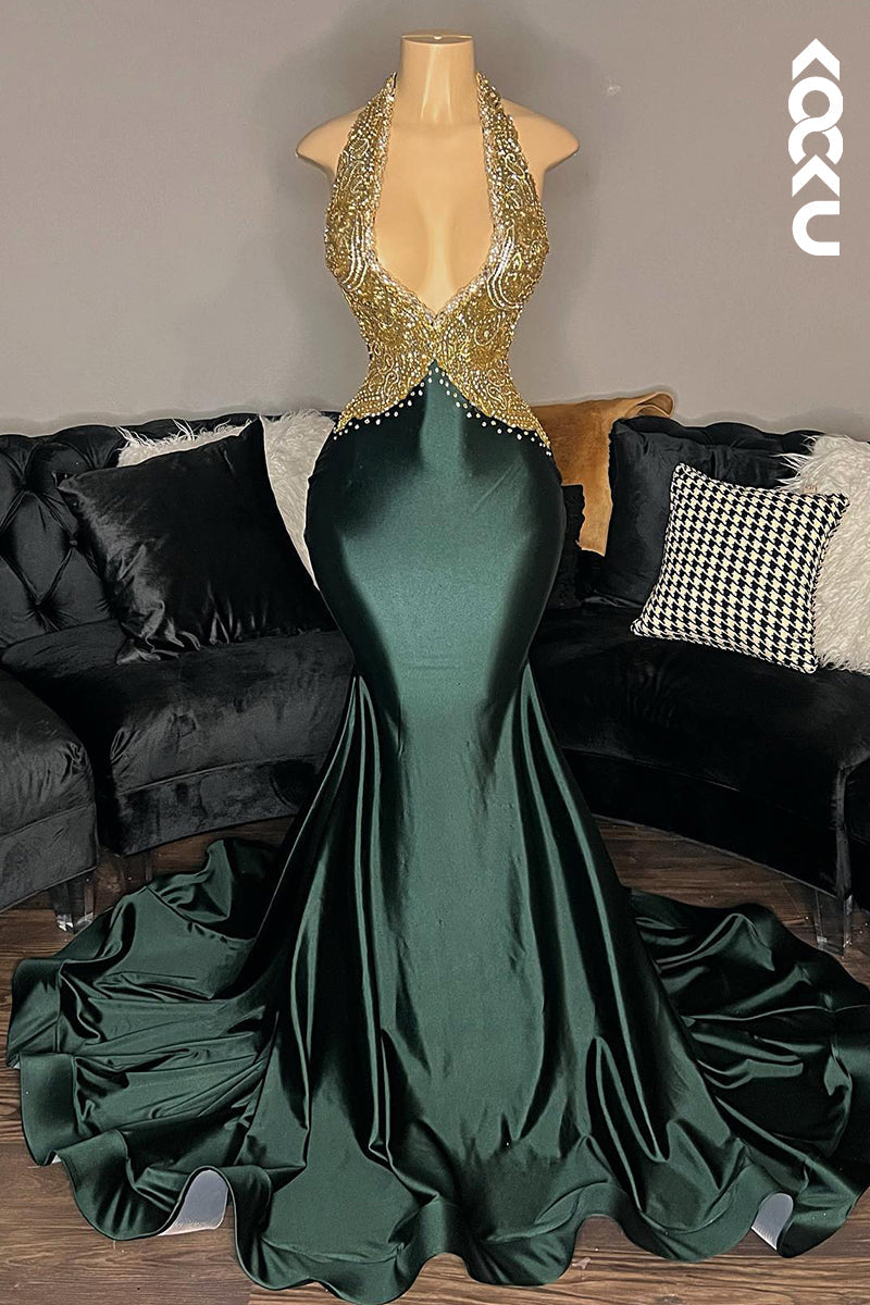 L2809 - Sexy & Hot Mermaid V-neck Ruffles Halter Sleeveless Backless Evening Party Prom Dress