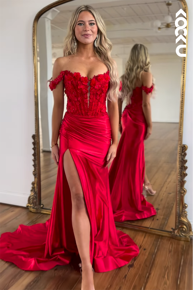 L2798 - Gorgeous & Charming Off-Shoulder Cap Sleeves Applique Mermaid Prom Dress With Slit