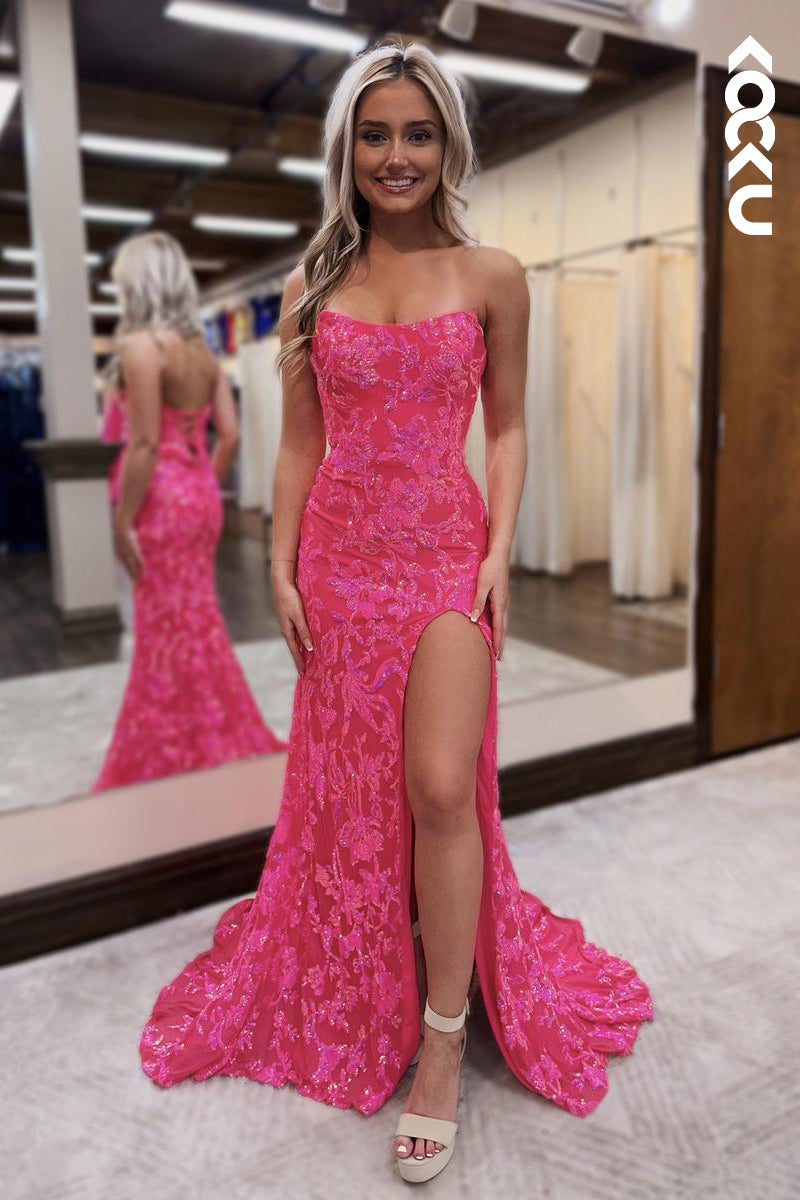 L2617 -  Chic & Sparkly Off-Shoulder Sleeveless Side Slit Sheath Trumpet Evening Party Prom Dress