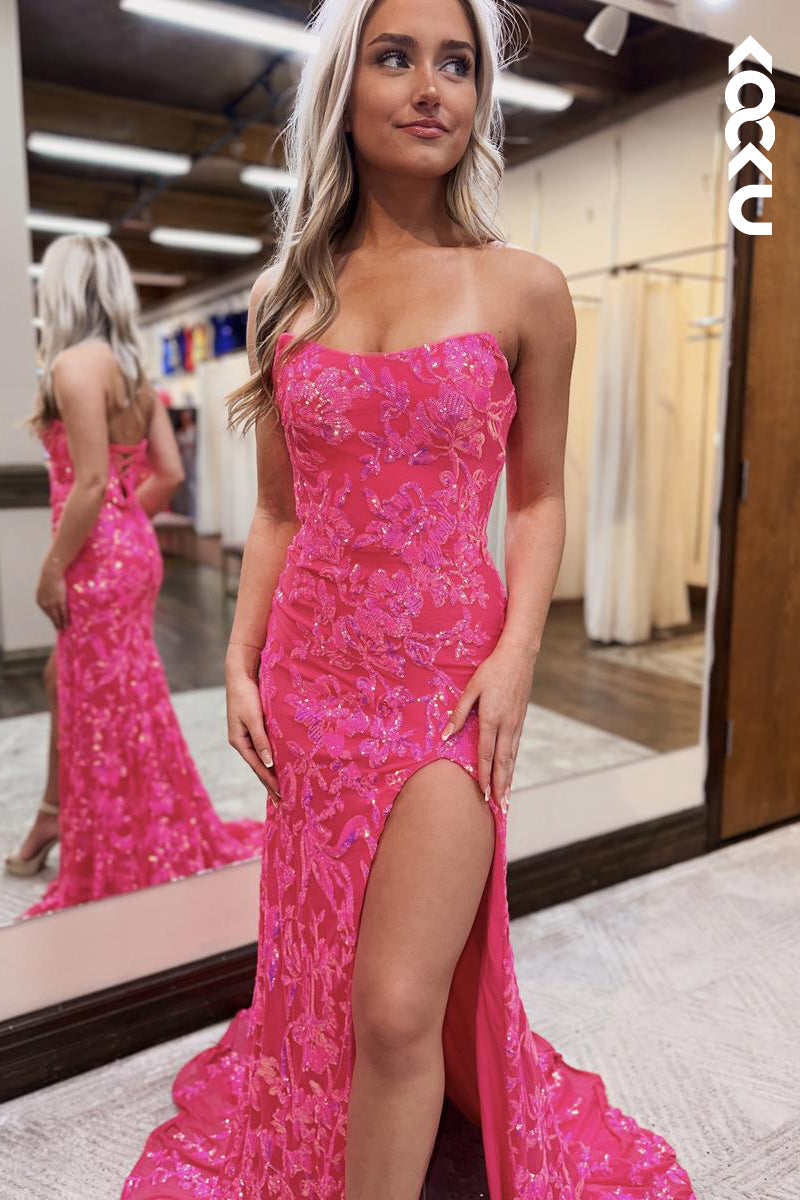 L2617 -  Chic & Sparkly Off-Shoulder Sleeveless Side Slit Sheath Trumpet Evening Party Prom Dress