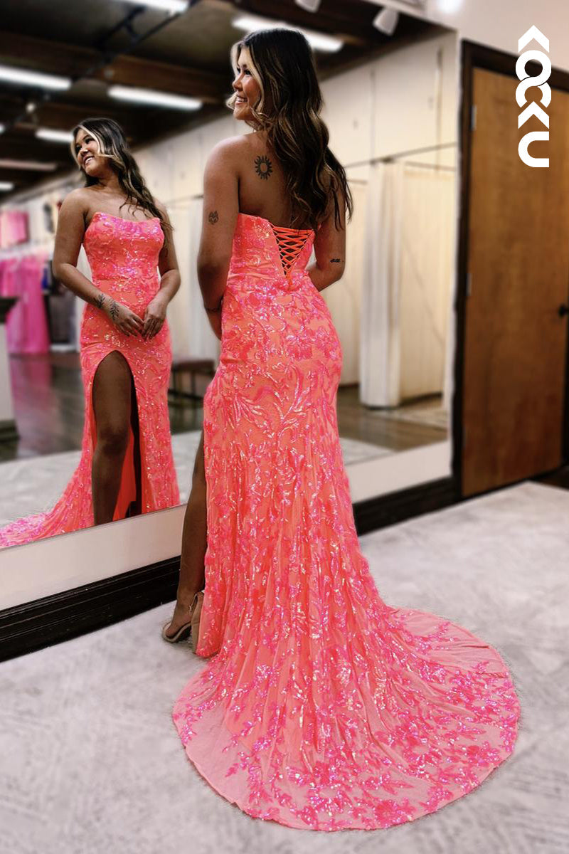L2617 -  Chic & Sparkly Off-Shoulder Sleeveless Side Slit Sheath Trumpet Evening Party Prom Dress