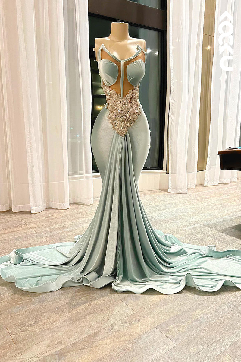 L3021 - Elegant & Luxurious V-Neck Sleeveless Mermiad Evening Prom Dress With Rhinestone