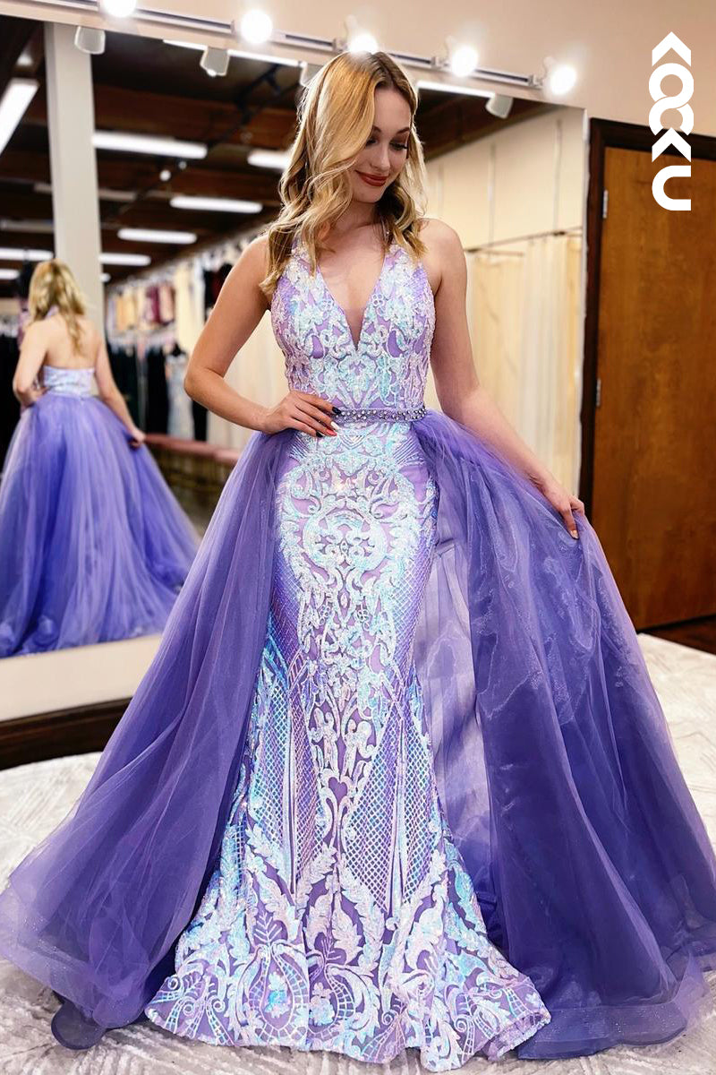 L2227 - Glamorous & Dramatic V-Neck Straps Mermaid Sequins Applique Formal Prom Dress