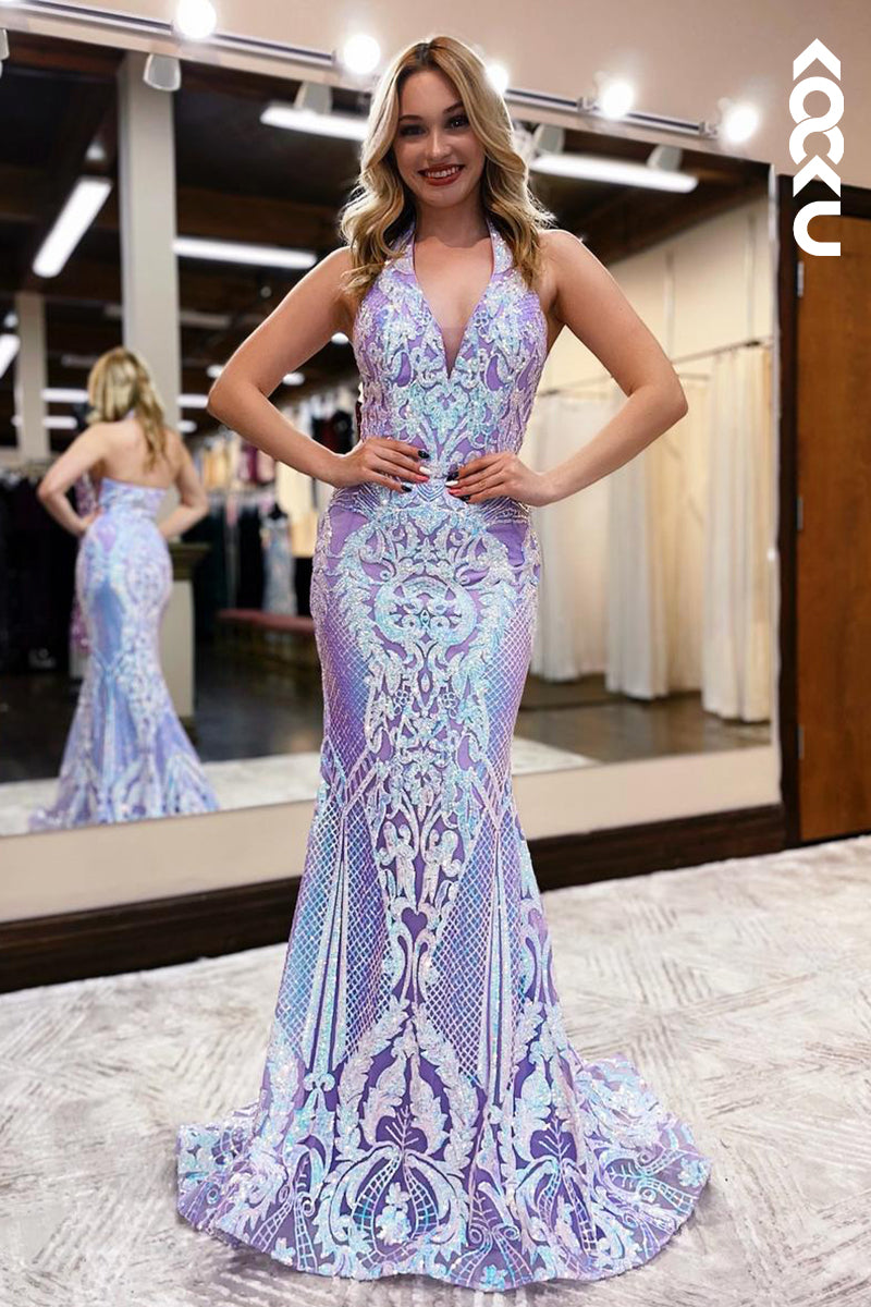 L2227 - Glamorous & Dramatic V-Neck Straps Mermaid Sequins Applique Formal Prom Dress