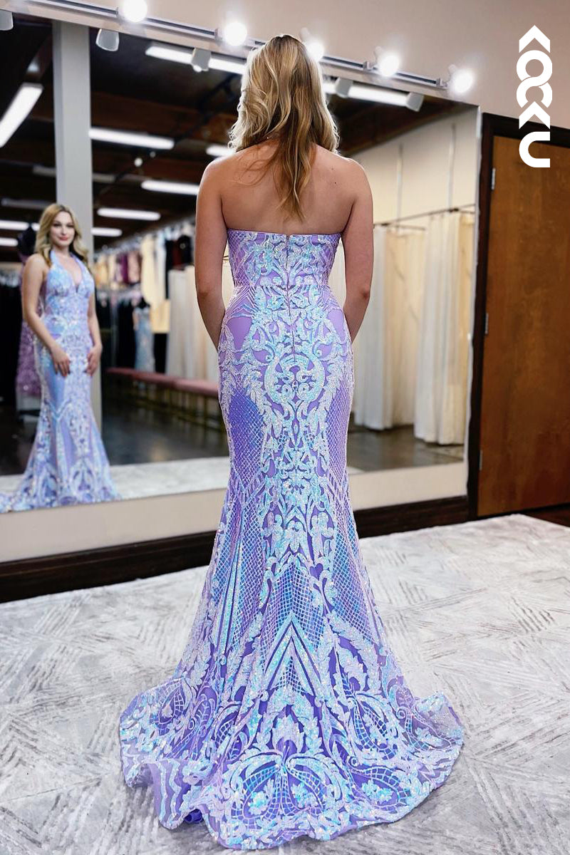 L2227 - Glamorous & Dramatic V-Neck Straps Mermaid Sequins Applique Formal Prom Dress