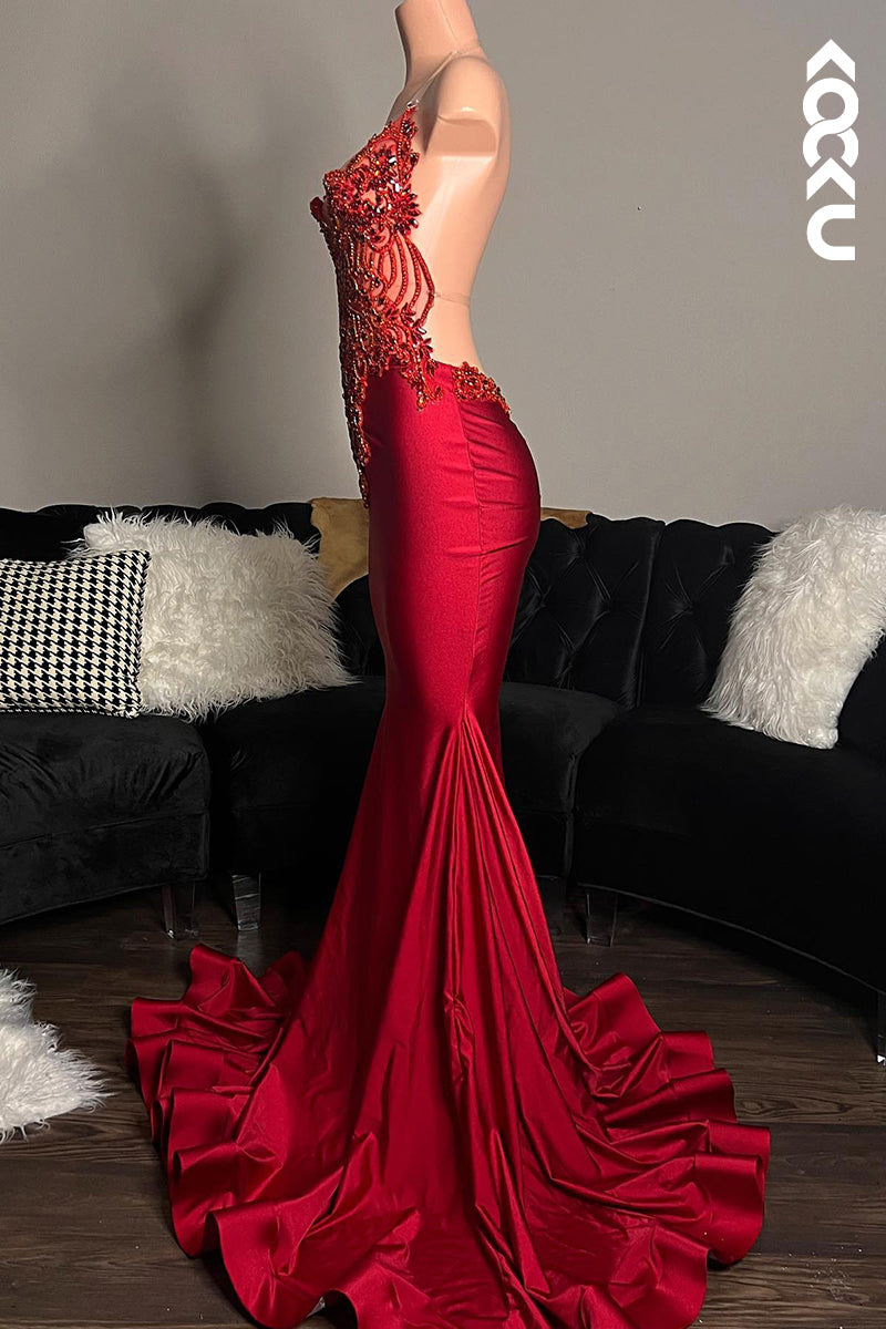 L2811 - Sexy & Hot Spaghetti Straps Halter Applique Ruffles Backless Evening Party Prom Dress