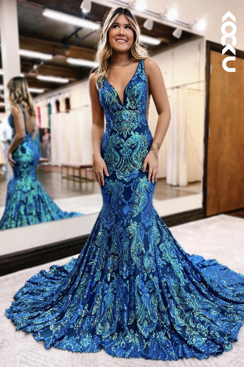 L2869 - Trumpet/Mermaid Ruffles Luxurious V-Neck Squins Backless Party Prom Dress