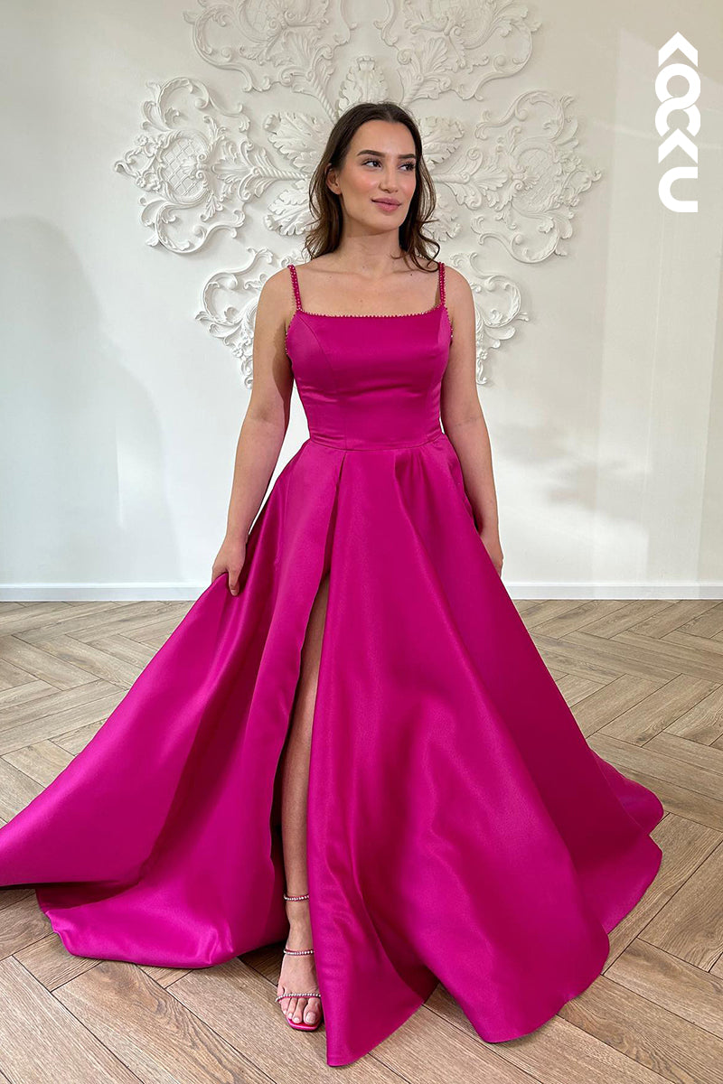 L2986 - A-Line Classic & Timeless Spaghetti Straps Scoop A-Line Side Slit Party Prom Dress