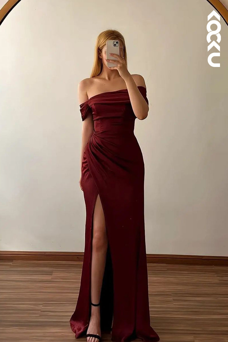L2689 - Sheath/Column Off-Shoulder Cap Sleeves Side Slit Chic Satin Evening Prom Dress