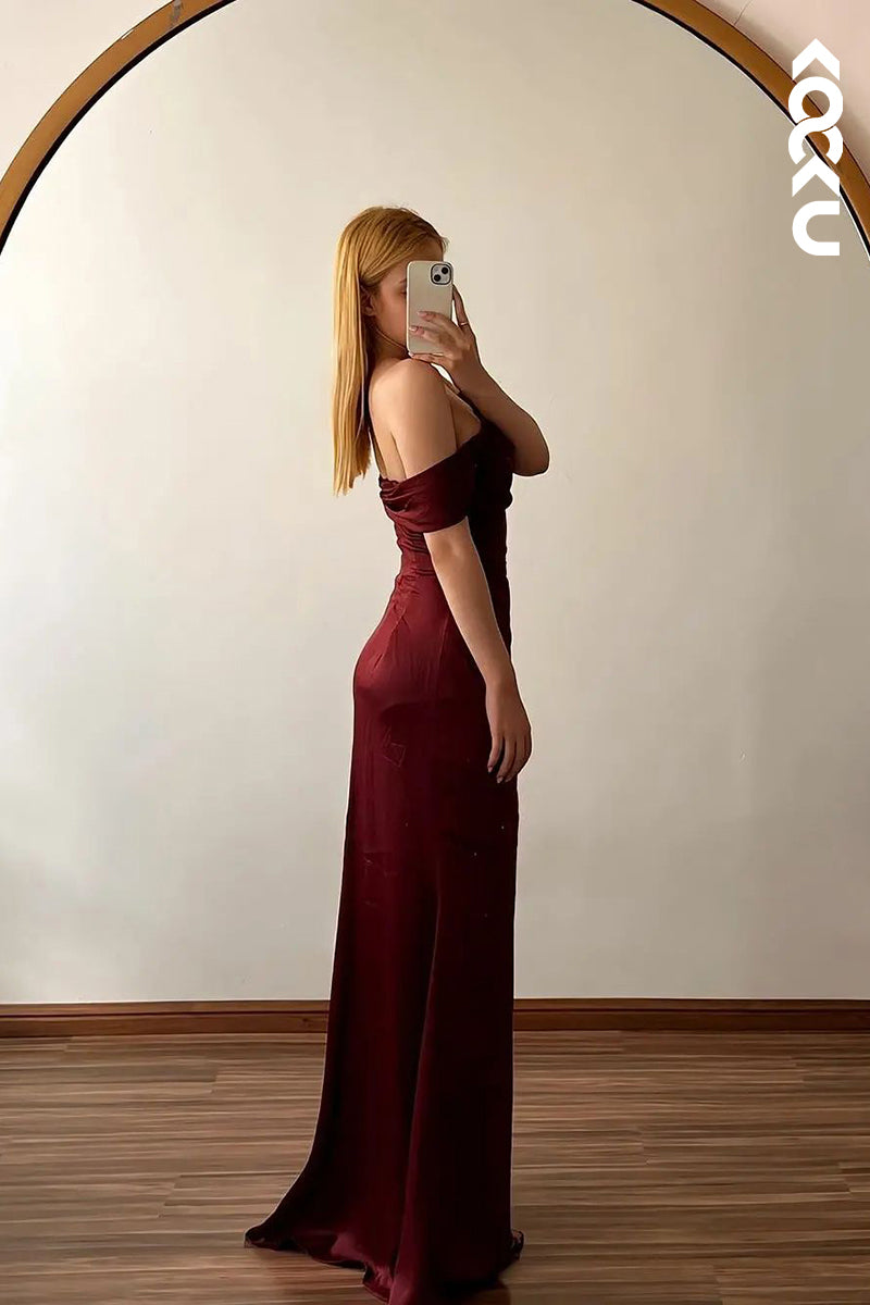 L2689 - Sheath/Column Off-Shoulder Cap Sleeves Side Slit Chic Satin Evening Prom Dress