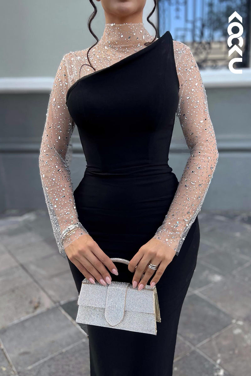 L2935 - Sheath/Column Chic & Modern Long Sleeves High Neck Sparkly Prom Dress