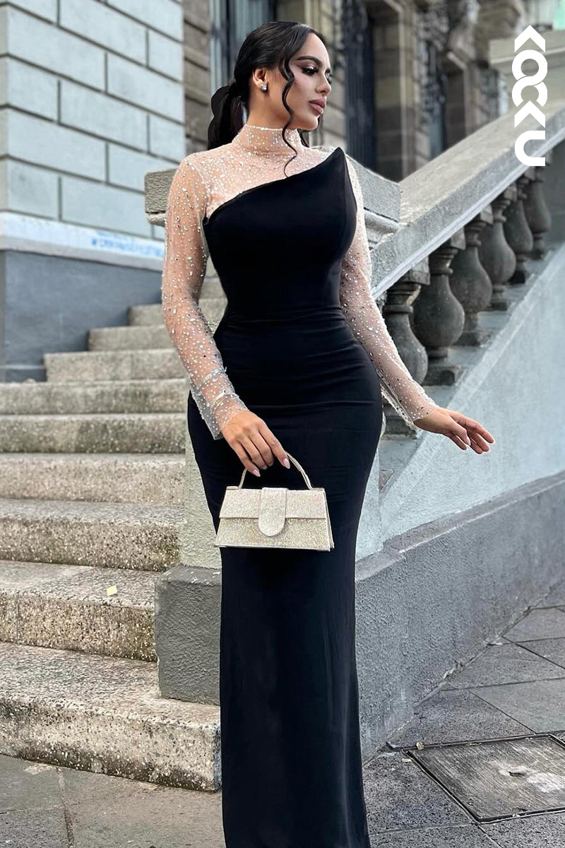 L2935 - Sheath/Column Chic & Modern Long Sleeves High Neck Sparkly Prom Dress