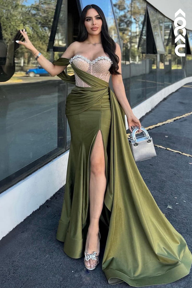 L2932 - Elegant & Luxurious Off-Shoulder Sleeveless Sheath Side Slit Party Prom Dress